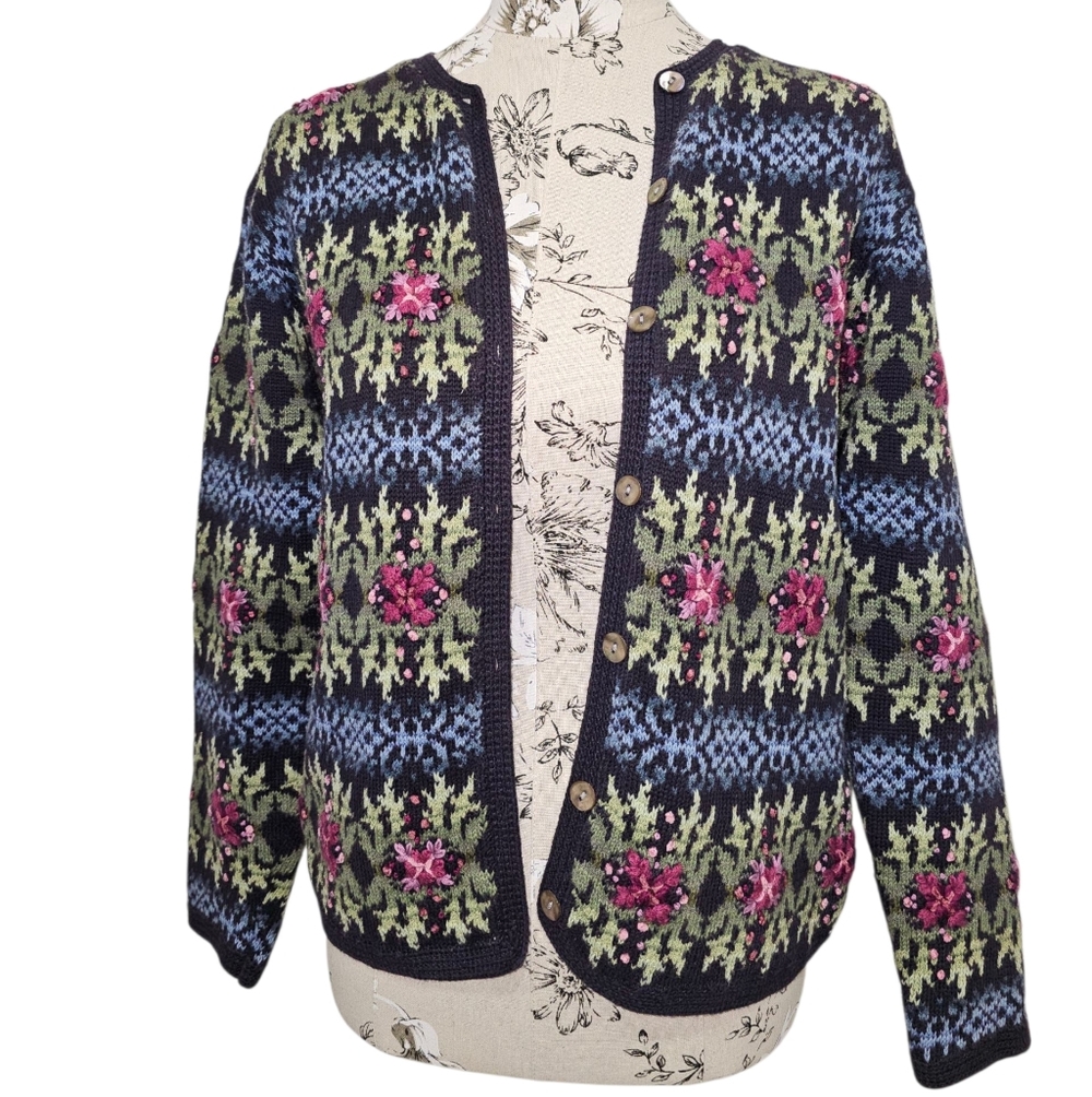 Vintage Talbots Navy Floral Knot Cardigan Sweater, Size SP